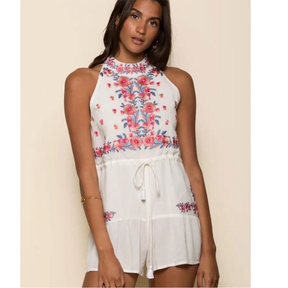 Anthropologie Mariah Festival Boho Floral Embroidered KeyHole Open Back Romper - Picture 1 of 16